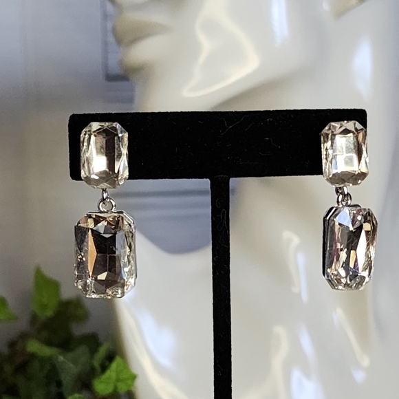 Silver Emerald Cut Crystal Drop Earrings - Picture 5 of 6